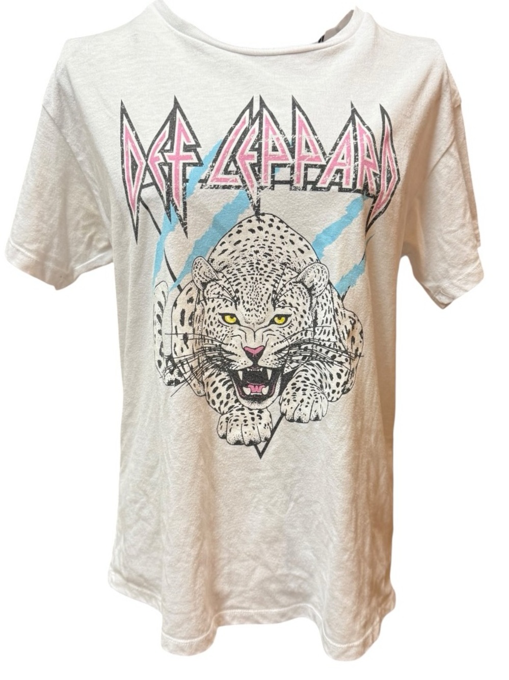 Short Sleeve Graphic Tee in White with Def Leppard Motif Medium